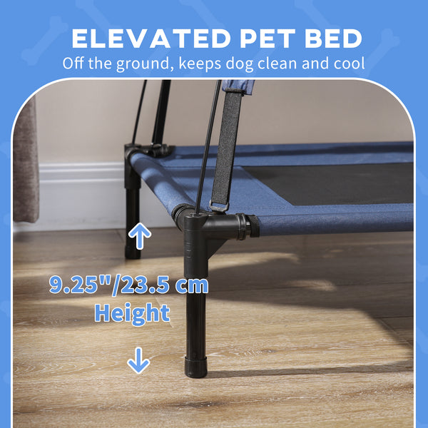 Cooling elevated dog bed with canopy, dark blue