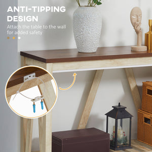 Narrow country-style console table with storage shelf, oak color