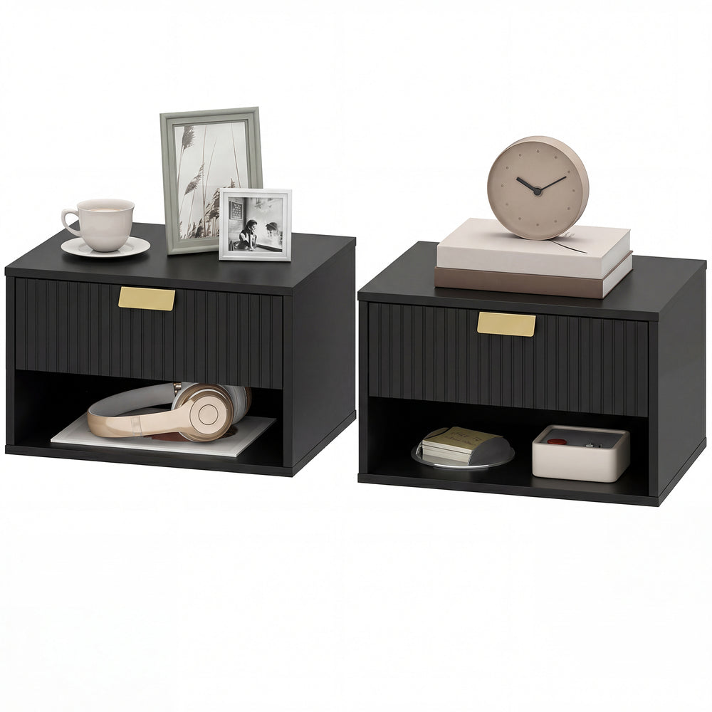 Set of 2 Floating Wall-Mounted Nightstands with Fluted Drawer and Open Shelf, Black