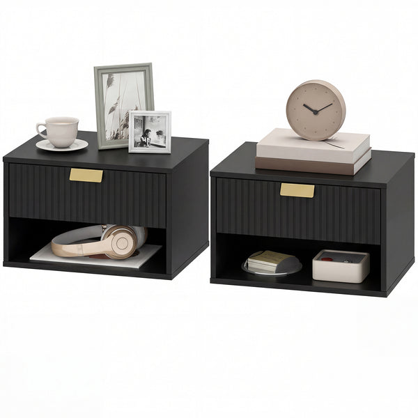 Ensemble de 2 tables de chevet murales flottantes avec tiroir cannelé et étagère ouverte, noir