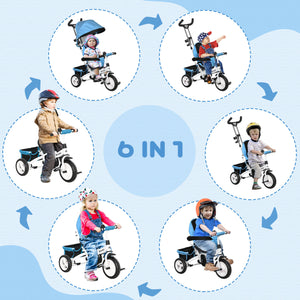 6 in 1 Tricycle with Basket, Canopy, 5-Point Safety Harness, Blue
