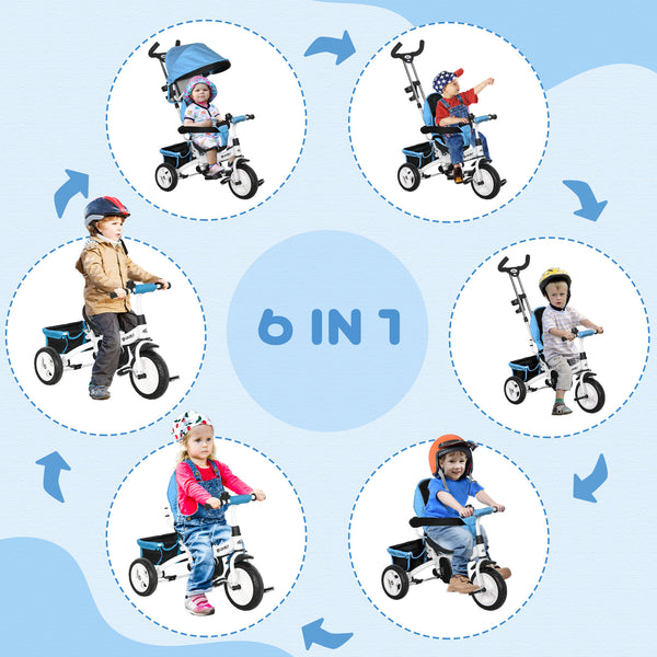 6 in 1 Tricycle with Basket, Canopy, 5-Point Safety Harness, Blue