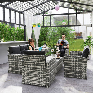 6 Piece Wicker Garden Furniture Set with Cushions, Coffee Table and Side Table, Black