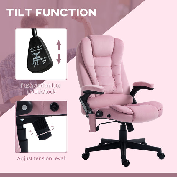 Reclining massage office chair with high back and swivel casters, pink
