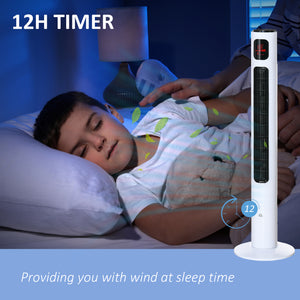 Freestanding tower fan with 3 speeds, 12-hour timer, LED sensor panel, remote control, white