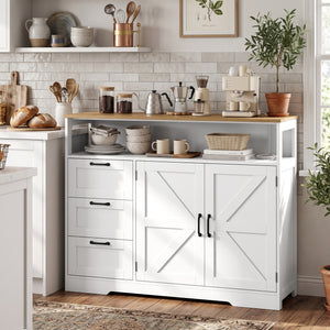 Rustic-style sideboard with charging station, 3 drawers and adjustable storage, white