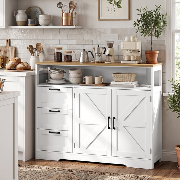 Rustic-style sideboard with charging station, 3 drawers and adjustable storage, white