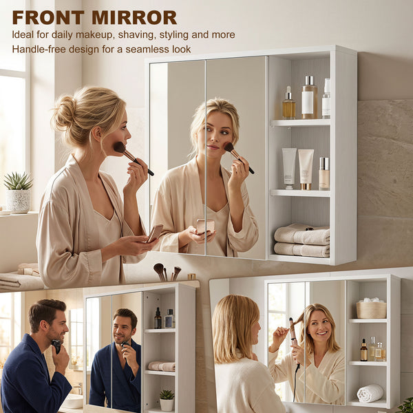 Wall-mounted cabinet with mirrors and shelves, white wood effect