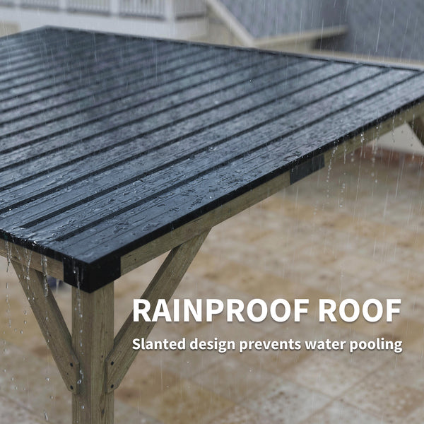 14' x 10' galvanized steel pergola with rigid roof and wooden frame, patio awning, dark grey