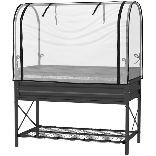 Raised planter with lid, bottom shelf and liner, black