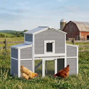 Wooden chicken coop with 2 nesting boxes, a pull-out tray, and a ramp