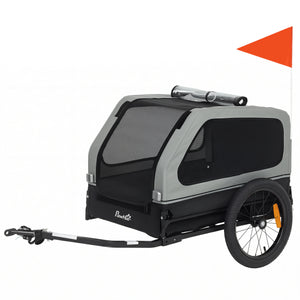 Dog bike trailer, suitable for small to medium-sized dogs up to 20 kg, with universal hitch and fold-down ramp tailgate, grey.