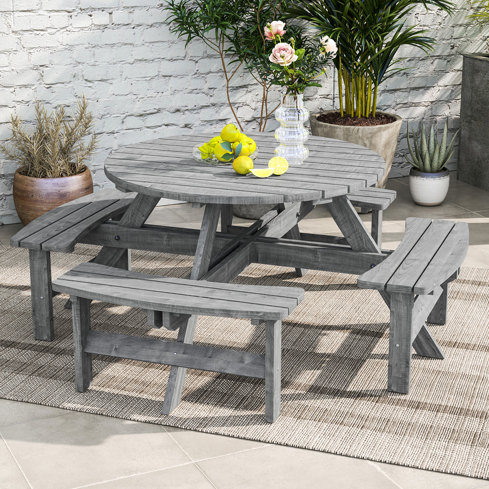 8-seater round wooden picnic table and bench