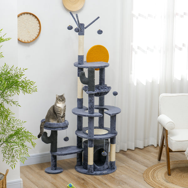 71" Cat Tree with Scratching Posts, Sisal Mat, Condo, Bed, Hammock, Play Balls, Dark Grey
