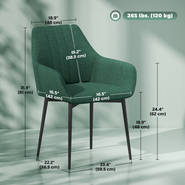 Set of 2 linen chairs with metal legs, dark green