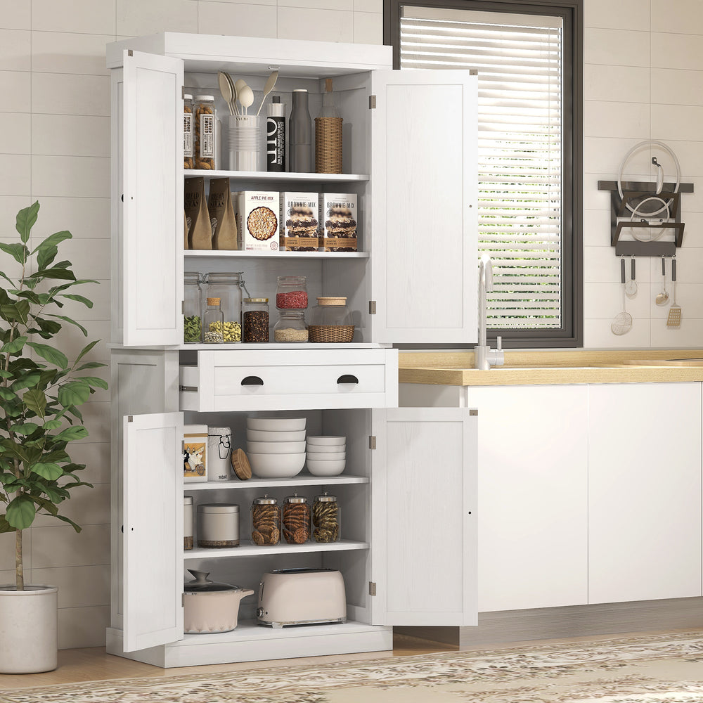 Tall kitchen cabinet with drawer and adjustable shelves, white