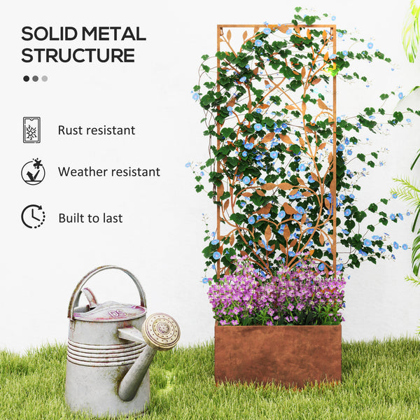 Raised planter with outdoor privacy screen, in metal with trellis, wall-mounted or freestanding, brown