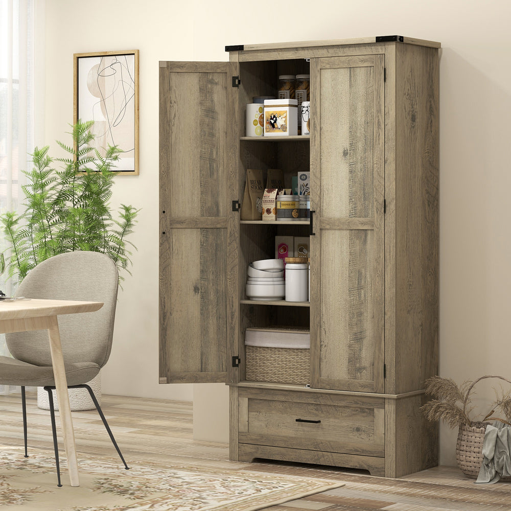 Country style pantry cabinet with 2 doors, drawer and adjustable shelves, grey-beige