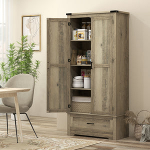 Country style pantry cabinet with 2 doors, drawer and adjustable shelves, grey-beige