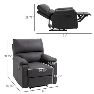 Manual recliner chair with footrest, upholstered seat, dark gray