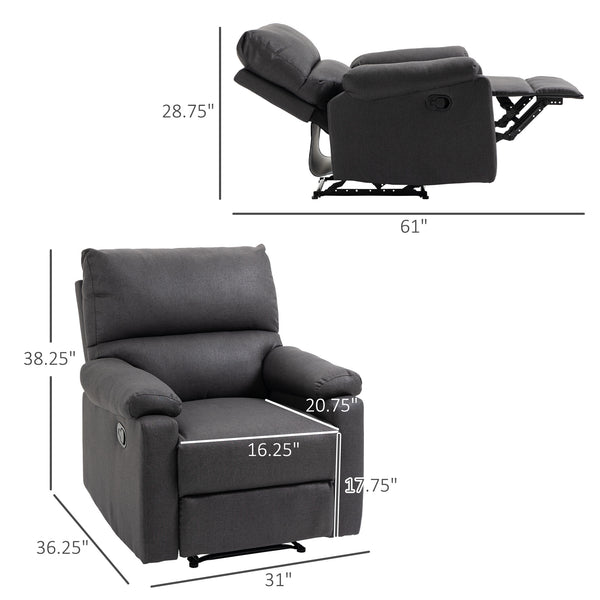 Manual recliner chair with footrest, upholstered seat, dark gray