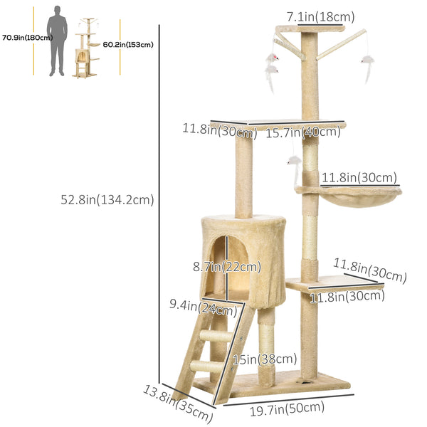 53-inch Cat Tree with Scratching Posts, Tree House, Perches, Ladder, Hammock and Hanging Toys, Beige