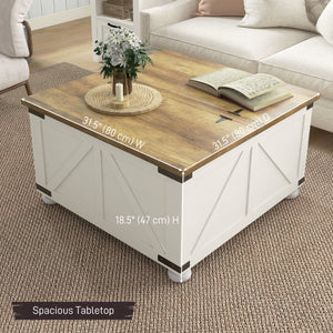 Farmhouse style coffee table with hinged lids, antique white
