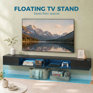 70" Floating Wall-Mounted TV Stand with RGB LED Lighting and 4 Compartments – Black Wood Effect