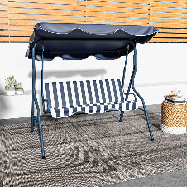 Outdoor Porch Swing with Adjustable Canopy, 3-Seater Patio Swing Chair with Cushion, Blue