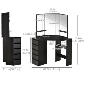Corner dressing table with 5 drawers and open shelves, 3-piece mirror, black