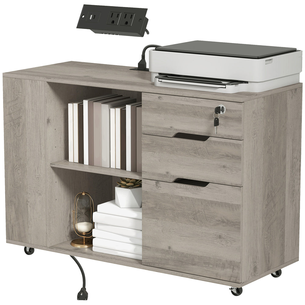 Mobile filing cabinet with charging station, 3 drawers and file storage, light gray