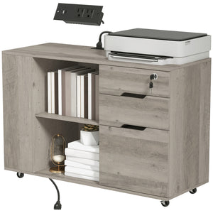 Mobile filing cabinet with charging station, 3 drawers and file storage, light gray