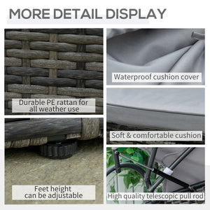 2 Piece Outdoor Rattan Chaise Lounge with Retractable Canopy with Cushions and Pillows, Grey Melange