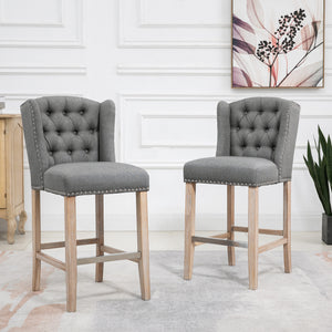 Set of 2 padded bar stools with studded backrest and footrest, grey