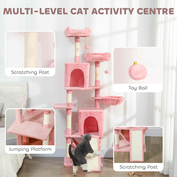 178cm Multi-Level Cat Tree with 2 Cabins, 2 Perches, Hammock, Play Balls, Pink