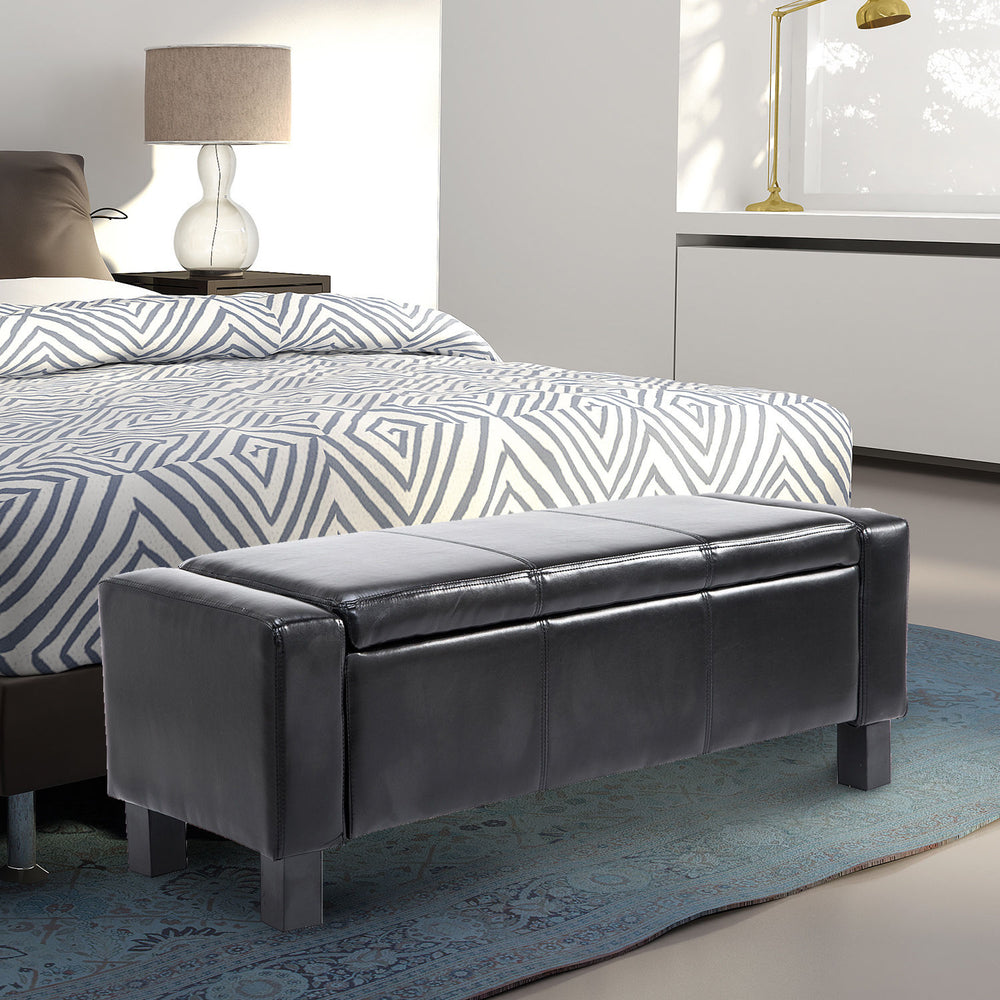 Luxury Faux Leather Upholstered Storage Ottoman Bench, Black