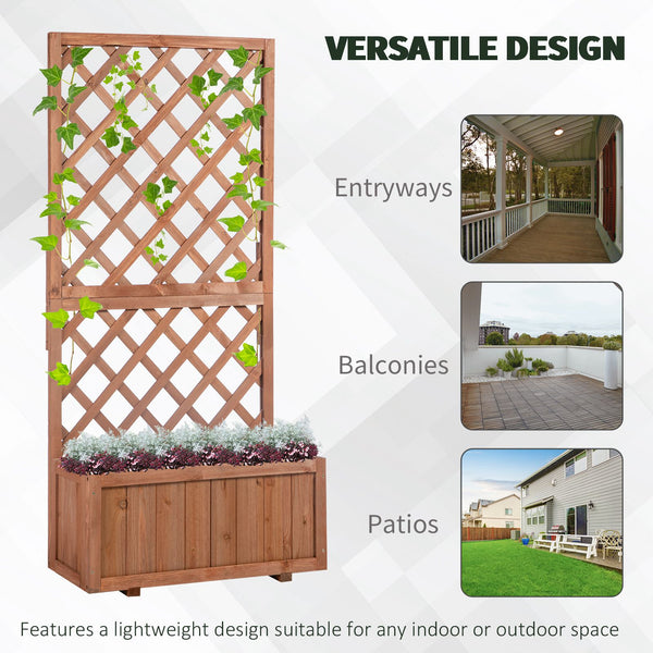 Raised pine planter with trellis for climbing plants and flowers