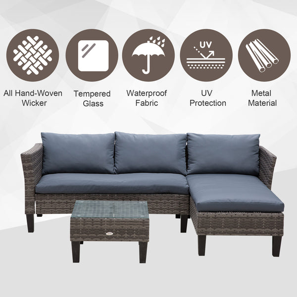 3-piece furniture set in woven resin, table with glass top, grey
