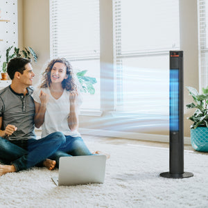 Ventilateur tour noir avec panneau LED, télécommande, 3 vitesses, fonction oscillante et minuterie de 12 heures pour un refroidissement contrôlé