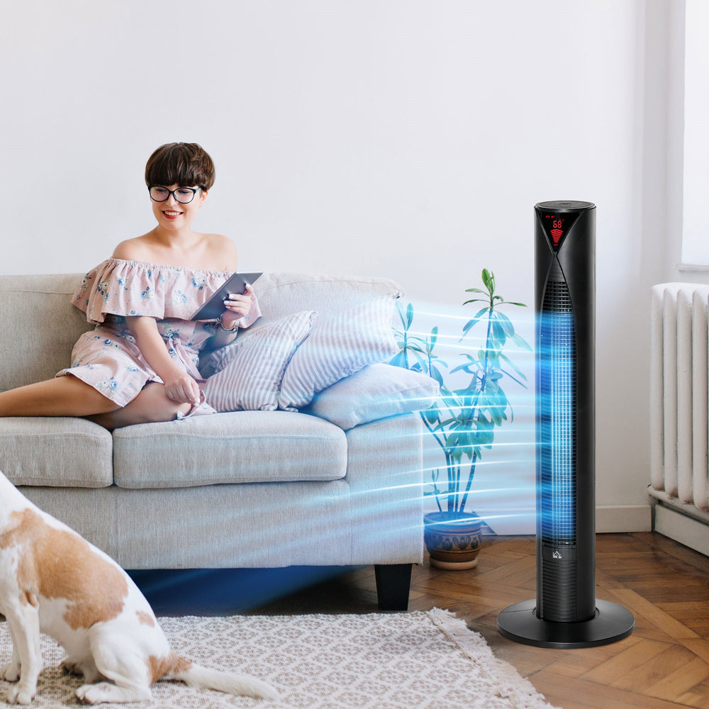 Ventilateur tour autonome noir avec 3 vitesses, minuterie 12 heures, fonction oscillante, panneau LED tactile et télécommande