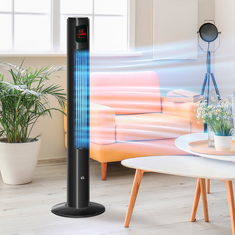 Ventilateur tour noir avec oscillation automatique, panneau de capteur LED, 3 vitesses, minuterie 12 h et télécommande pour un confort ajustable

