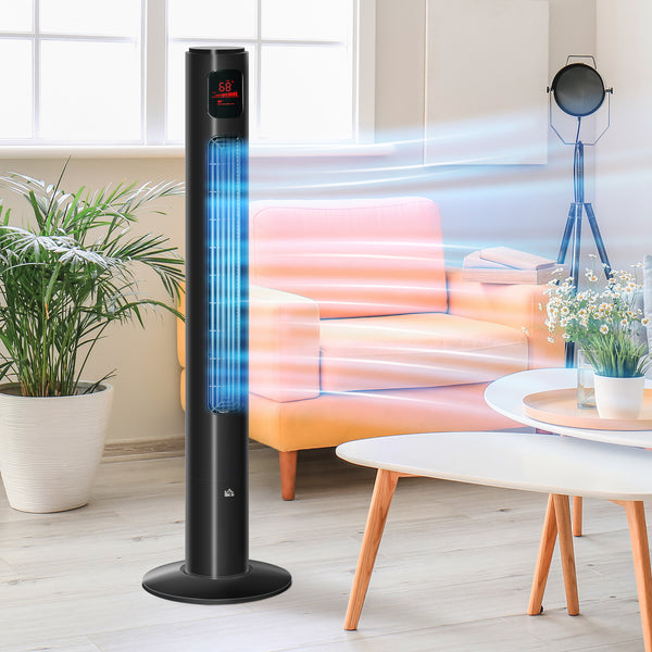 Ventilateur tour noir avec oscillation automatique, panneau de capteur LED, 3 vitesses, minuterie 12 h et télécommande pour un confort ajustable

