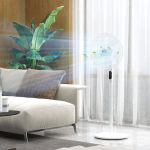Ventilateur sur pied blanc avec télécommande, hauteur ajustable, tête inclinable, minuterie intégrée et mode oscillant