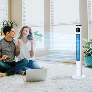 Ventilateur colonne blanc avec télécommande, panneau LED, minuterie 12 heures et 3 vitesses pour une ventilation efficace et discrète