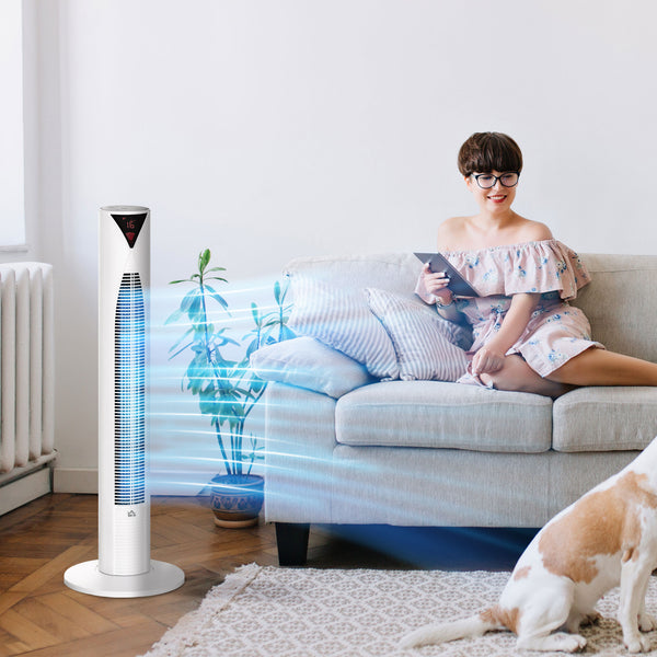 Ventilateur colonne blanc avec 3 vitesses, minuterie 12 heures, panneau LED, télécommande et fonction oscillante pour un confort optimal