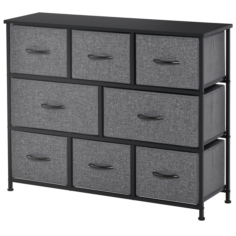 8-bin dresser storage tower with metal frame and fabric drawers