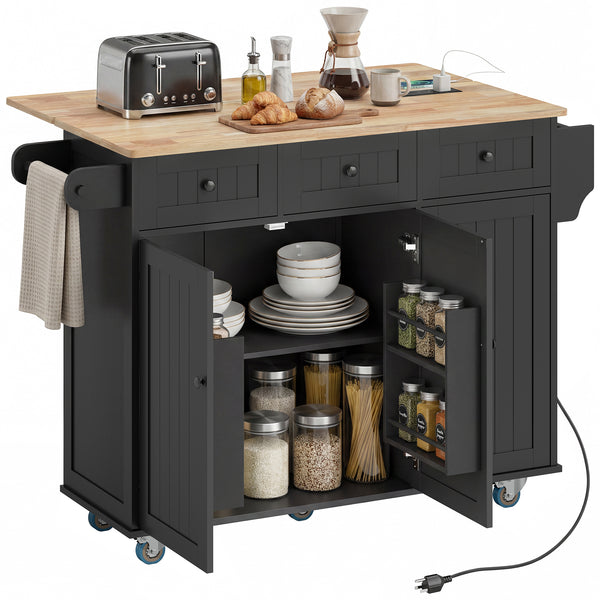 Mobile kitchen island with drop leaf, storage and charging station – Black and oak