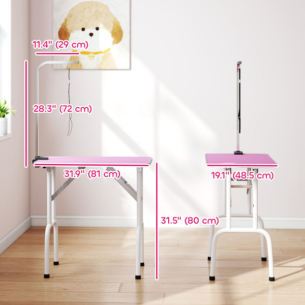 Foldable Pet Grooming Table for Dogs Cats with Adjustable Arm, Non-slip Surface, Pink