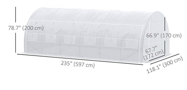 Tunnel greenhouse with UV-resistant cover, zipped door and 12 roll-up windows