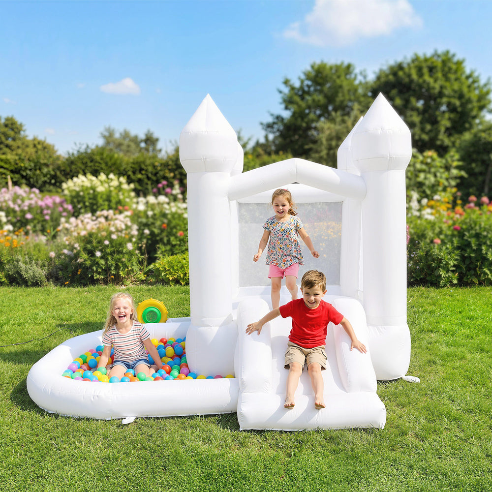 3-in-1 White Inflatable Bouncy Castle for Kids with Slide, Ball Pit, and 370W Blower, White